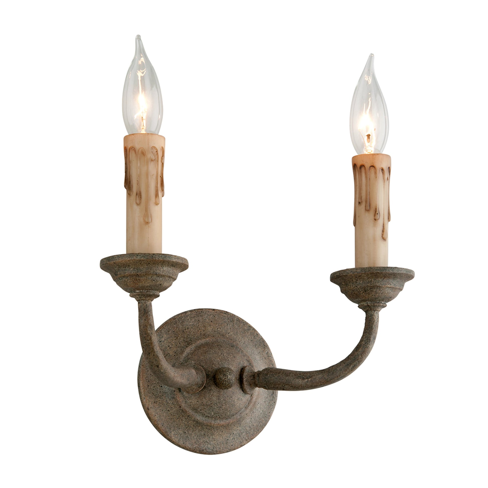 Cyrano Double Wall Sconce by Troy in earthen bronze. Made from hand worked iron in a transitional style.