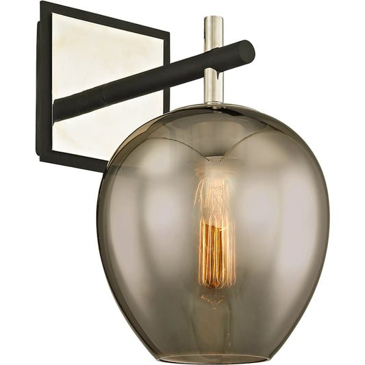 Iliad Wall Sconce by Troy in carbide blk, pol nickel. Made from hand worked iron in a unique style.
