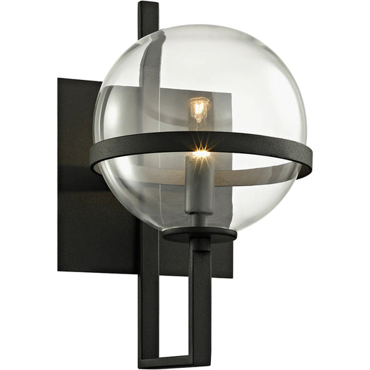 Elliot Wall Sconce by Troy in textured black. Made from hand worked iron in a unique style.