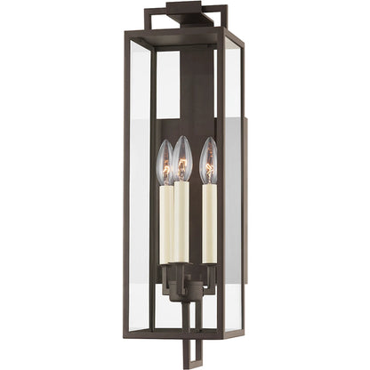 Beckham 3 Light Exterior Wall Sconce by Troy in textured bronze. Made from steel in a modern style.