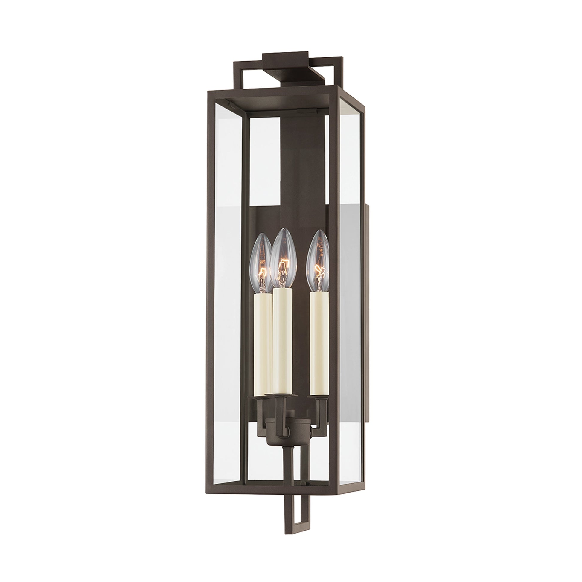 Beckham 3 Light Exterior Wall Sconce by Troy in textured bronze. Made from steel in a modern style.