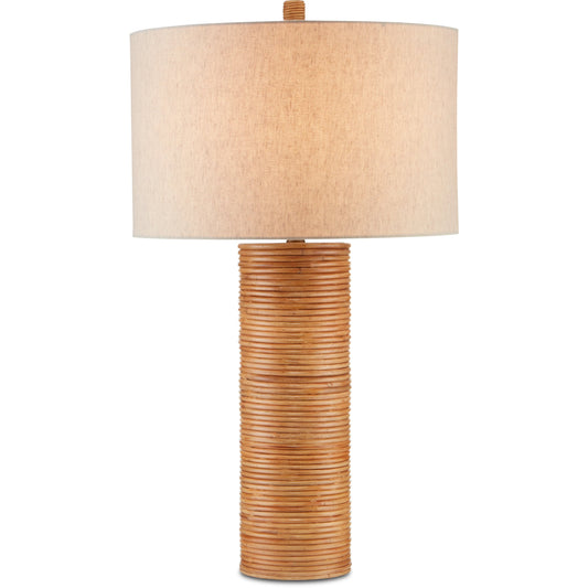 Salome Table Lamp by Currey and Company in brass, natural rattan. Made from wrought iron, rattan in a coastal style.