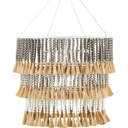 St. Barts Chandelier by Currey and Company in mist blue, demin blue. Made from wrought iron, wood beads, abaca rope in a coastal style.