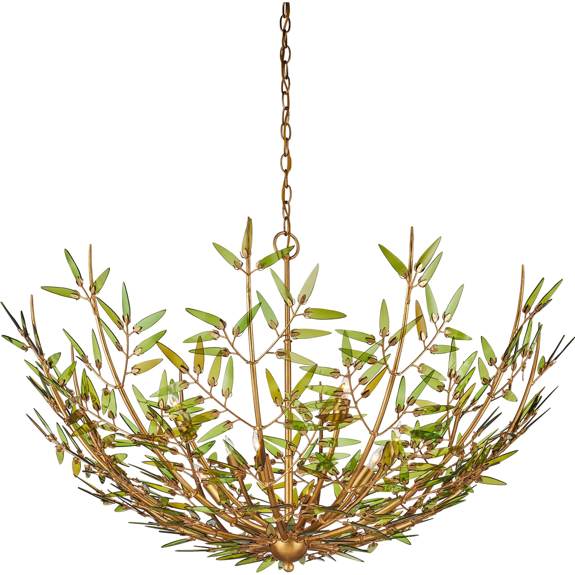 Babylon Chandelier by Currey and Company in green, contemporary gold leaf. Made from recycled bottle glass, wrought iron in a modern style.