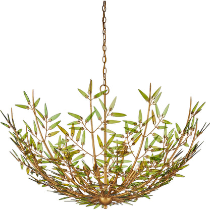 Babylon Chandelier by Currey and Company in green, contemporary gold leaf. Made from recycled bottle glass, wrought iron in a modern style.