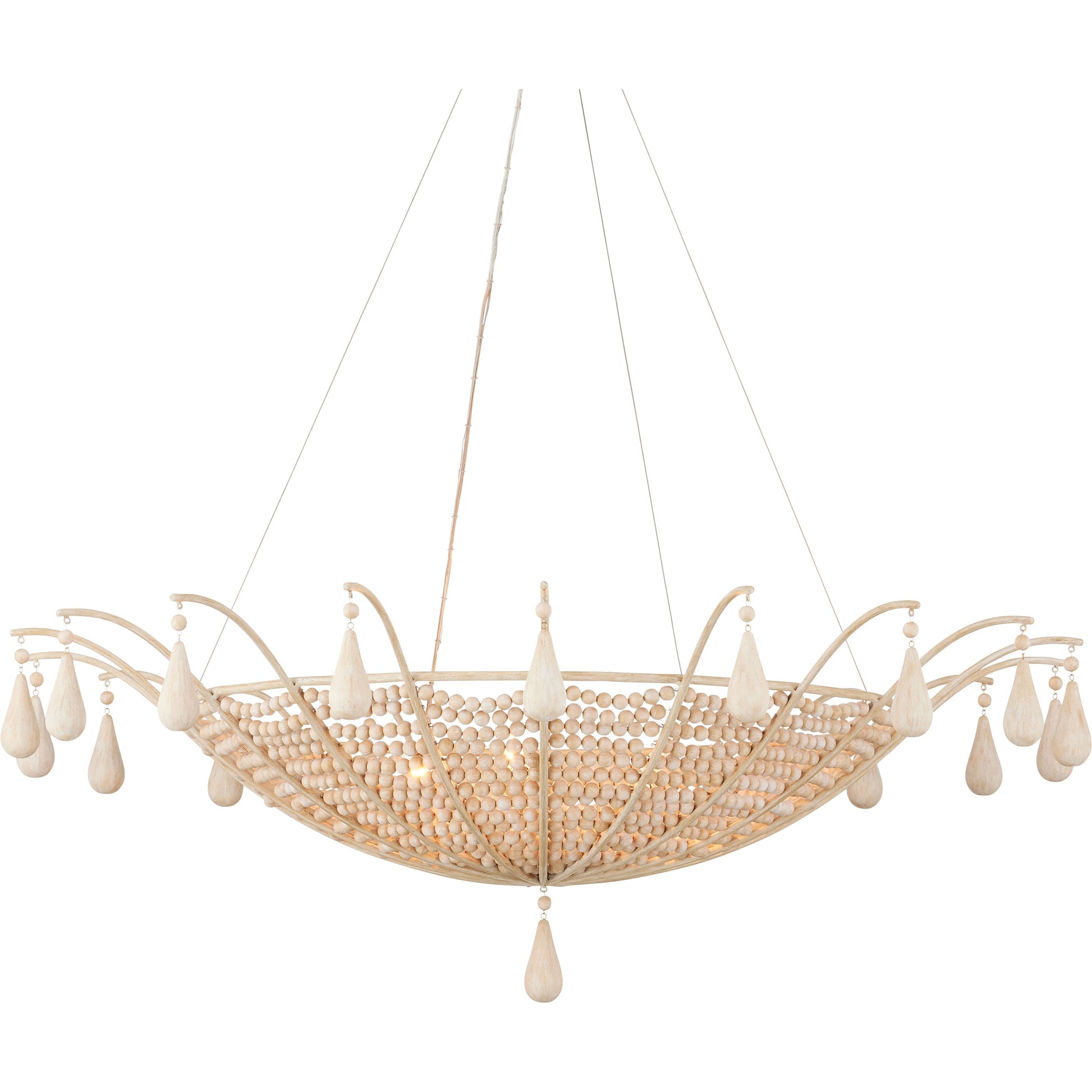 Korg Chandelier by Currey and Company in sandstone. Made from wood beads, wrought iron in a cottage & farmhouse style.