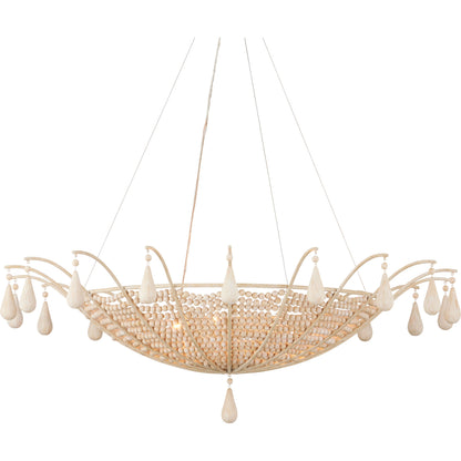 Korg Chandelier by Currey and Company in sandstone. Made from wood beads, wrought iron in a cottage & farmhouse style.