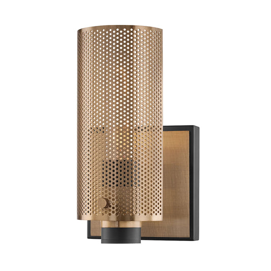 Pilsen Wall Sconce by Troy in modern bronze and aged brass. Made from hand worked iron in a unique style.