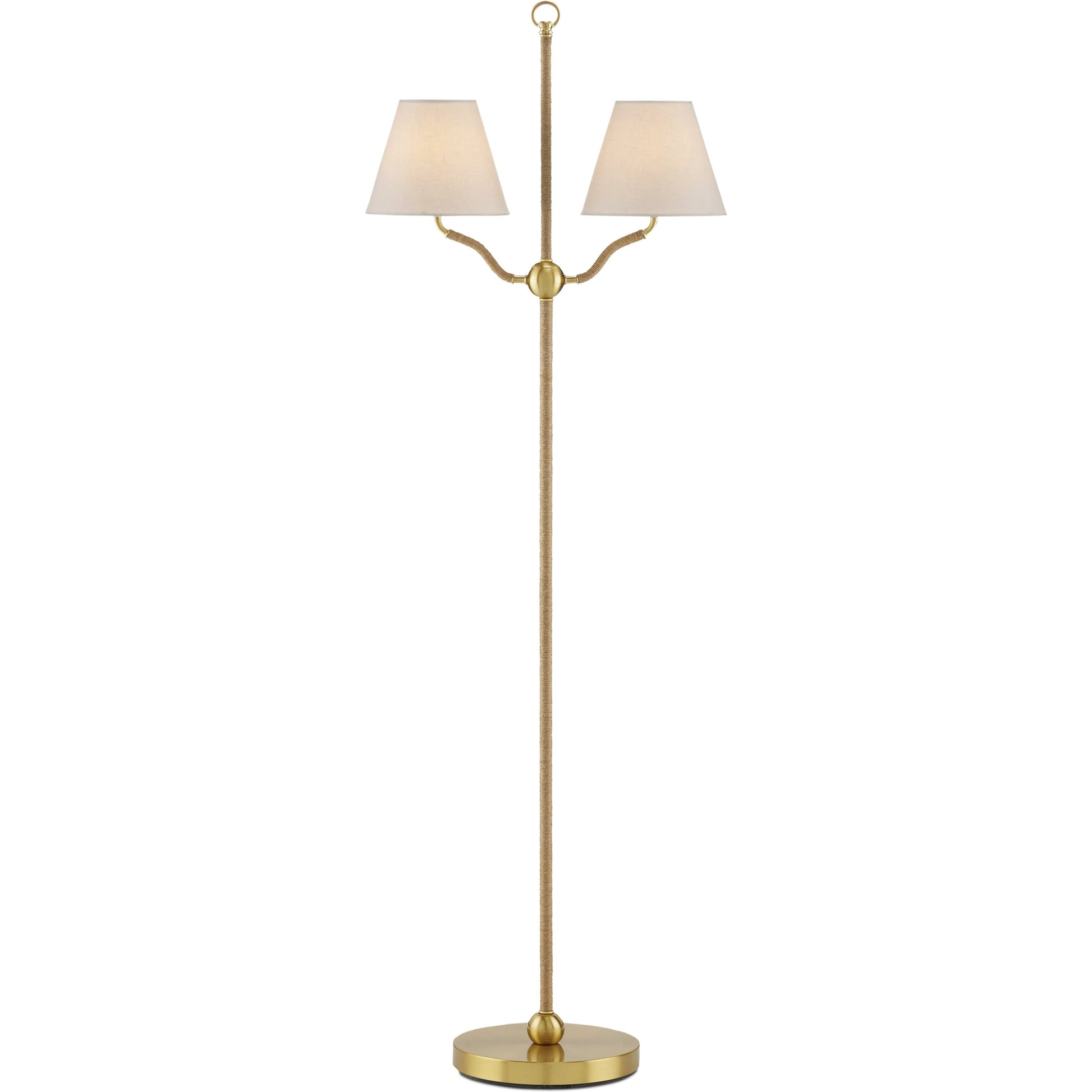 Sirocco Floor Lamp by Currey and Company in antique brass. Made from natural jute rope, metal in a modern style.