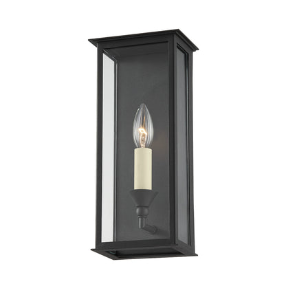 Chauncey 1 Light Exterior Wall Sconce by Troy in textured black. Made from steel in a modern style.