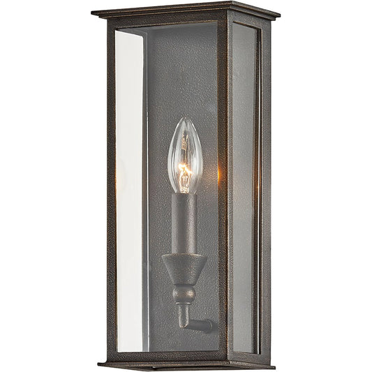 Chauncey Wall Sconce by Troy in vintage bronze. Made from hand worked iron in a modern style.