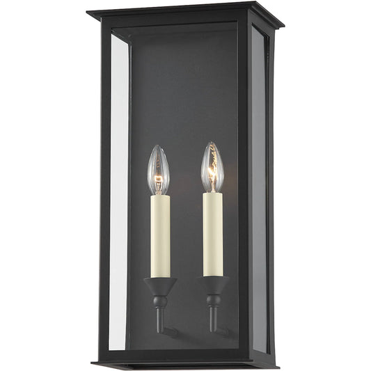 Chauncey 2 Light Exterior Wall Sconce by Troy in textured black. Made from steel in a modern style.