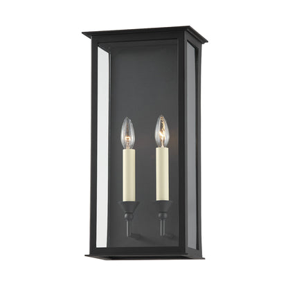 Chauncey 2 Light Exterior Wall Sconce by Troy in textured black. Made from steel in a modern style.