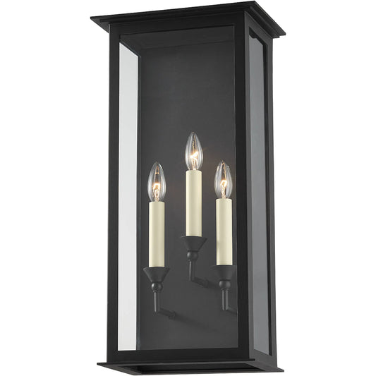 Chauncey 3 Light Exterior Wall Sconce by Troy in textured black. Made from steel in a modern style.