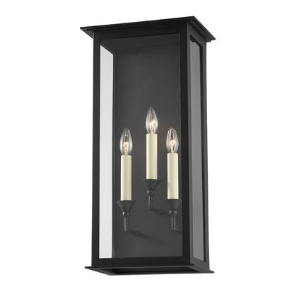 Chauncey 3 Light Exterior Wall Sconce by Troy in textured black. Made from steel in a modern style.
