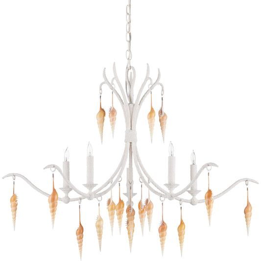 Arcachon Chandelier by Currey and Company in crushed shell, natural, vanilla. Made from wrought iron, shells in a traditional style.