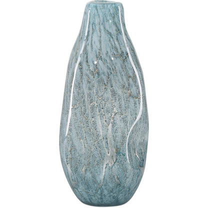 Tyne Vase by Currey and Company in pale blue, gold. Made from glass in a modern style.