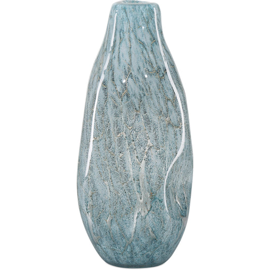 Tyne Vase by Currey and Company in pale blue, gold. Made from glass in a modern style.