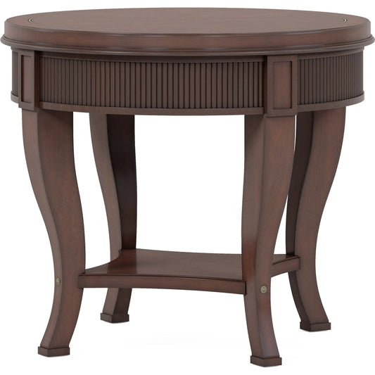 Revival Round End Table by A.R.T. Furniture in brown and napa mahogany. Made from rubberwood solids, quarter mahogany veneer, resin in a unique style.