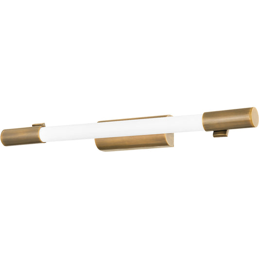 Merced Wall Sconce by Troy in patina brass. Made from steel in a modern style.