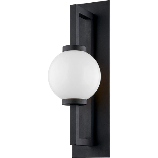 Darwin Wall Sconce by Troy in textured black. Made from hand worked aluminum in a modern style.