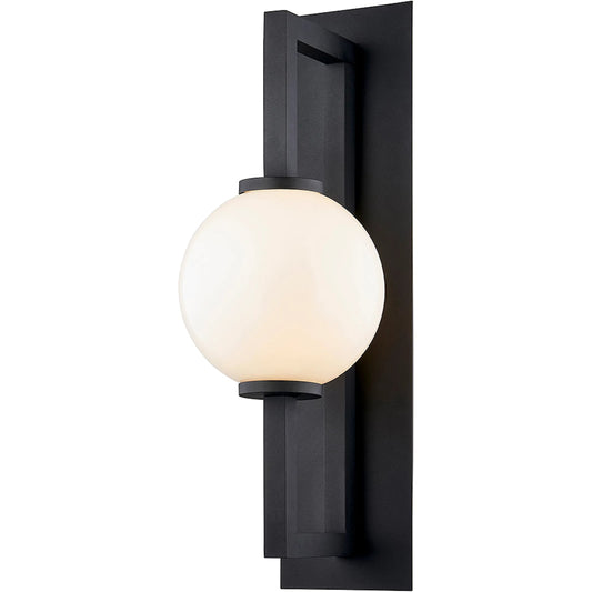 Darwin Wall Sconce by Troy in textured black. Made from hand worked aluminum in a modern style.