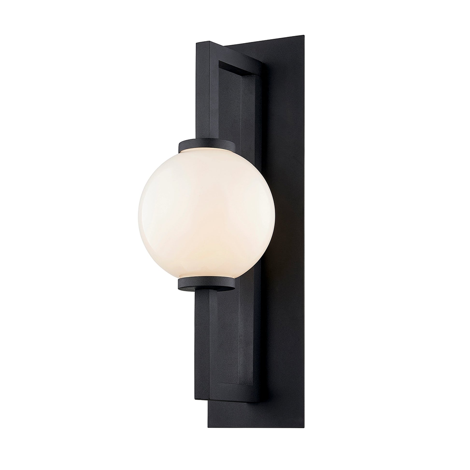 Darwin Wall Sconce by Troy in textured black. Made from hand worked aluminum in a modern style.