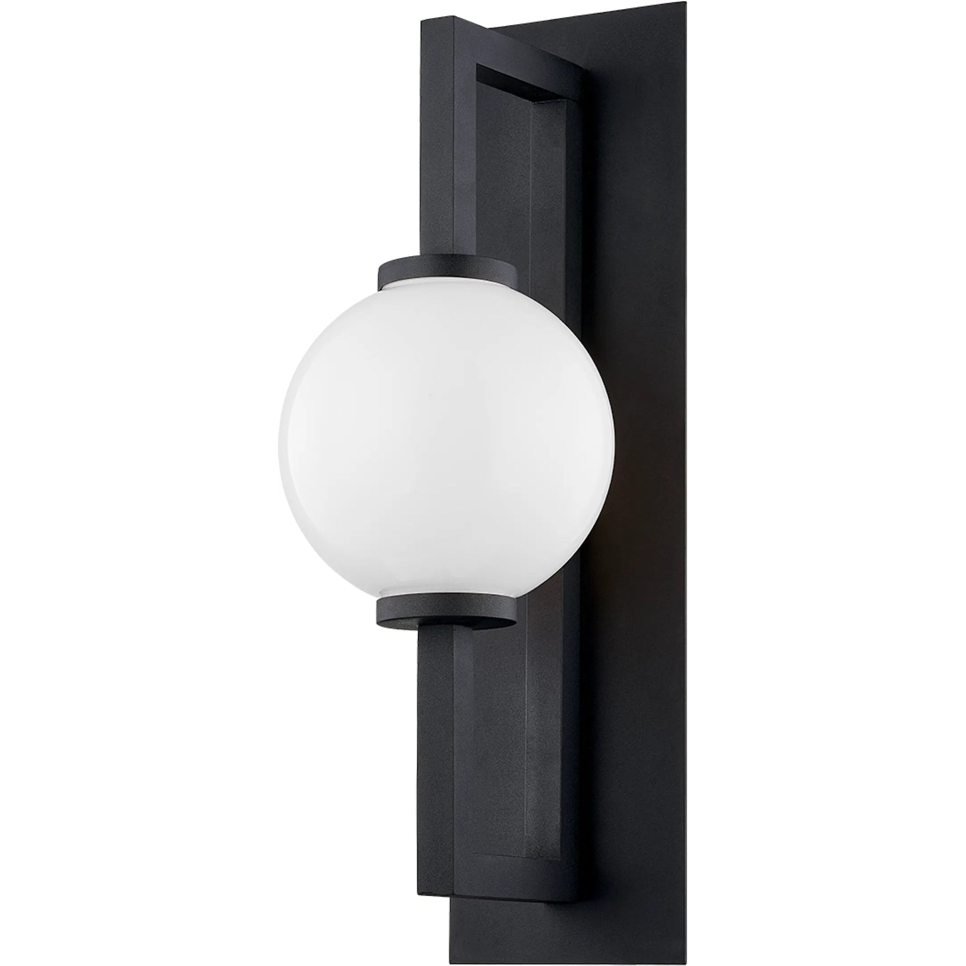 Darwin Wall Sconce by Troy in textured black. Made from hand worked aluminum in a modern style.