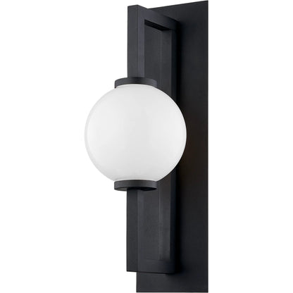 Darwin Wall Sconce by Troy in textured black. Made from hand worked aluminum in a modern style.