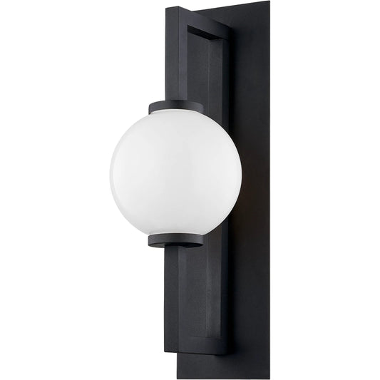 Darwin Wall Sconce by Troy in textured black. Made from hand worked aluminum in a modern style.