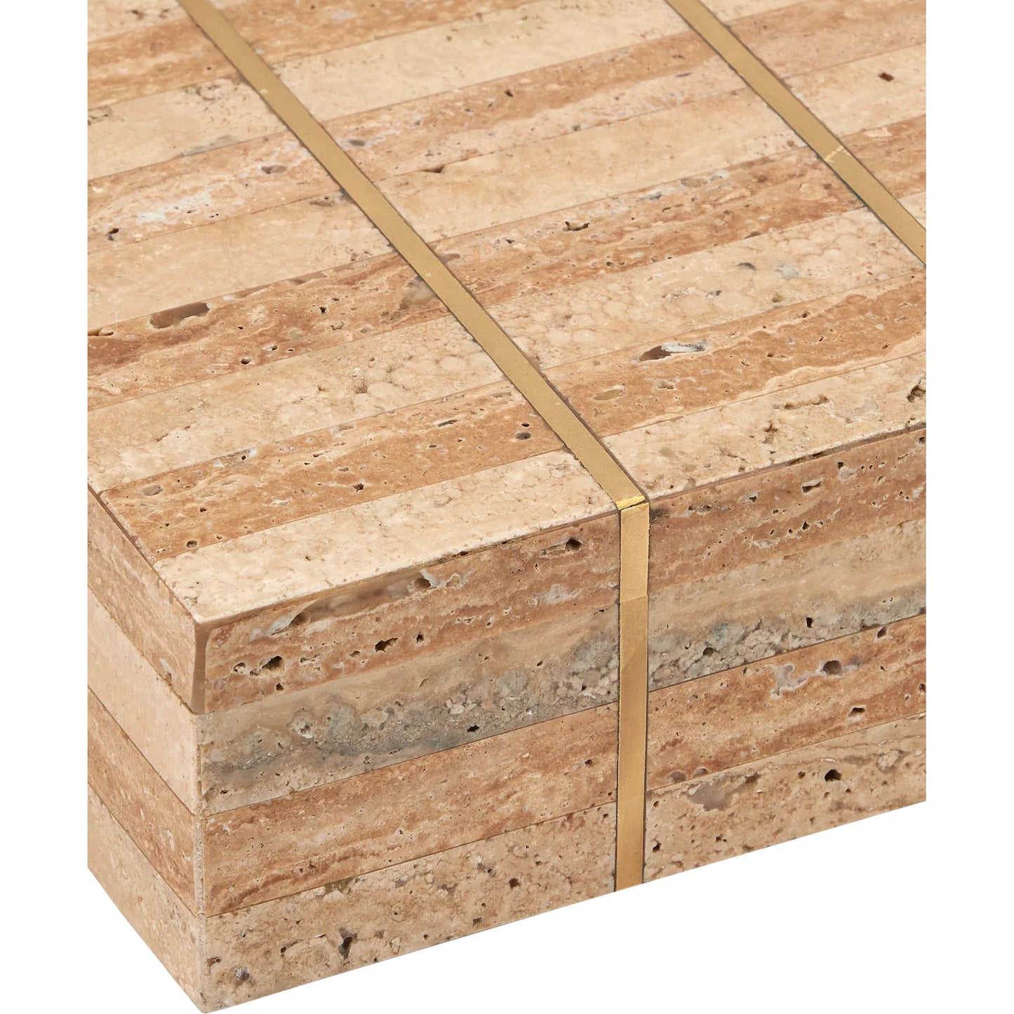 004 SI-2257239 | Closeup | Dezi Box by Currey and Company in natural, brass, off-white. Made from travertine, brass, composite in a transitional style.