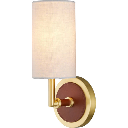 Ellerston Wall Sconce by Currey and Company in saddle brown, brushed brass. Made from leather, stainless steel, brass in a transitional style.