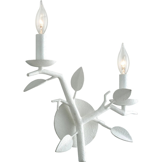 Aubrey Wall Sconce by Troy in gesso white. Made from hand worked iron in a unique style.