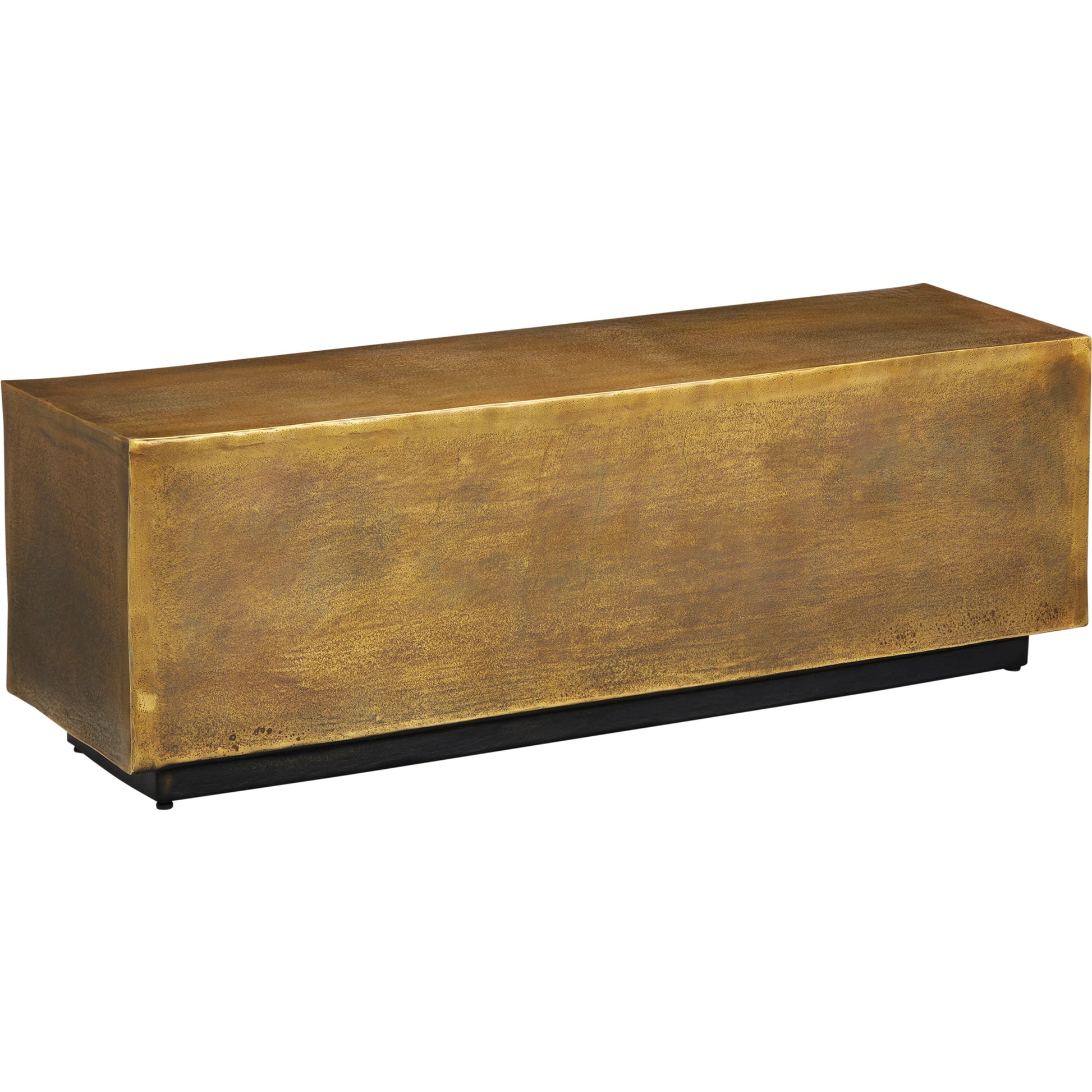 Jahnu Bench by Currey and Company in antique brass. Made from cast aluminum in a modern style.