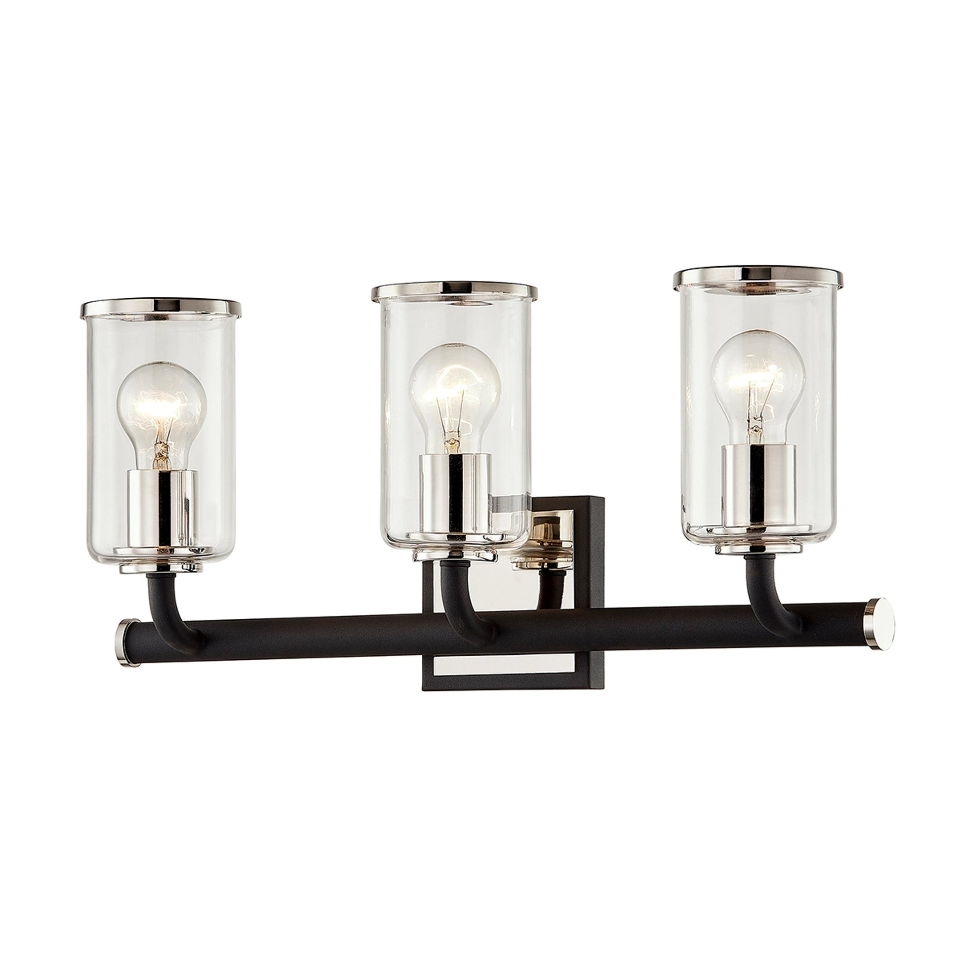 Aeon 3 Light Vanity Light by Troy in carbide blk, pol nickel. Made from hand worked iron in a modern style.