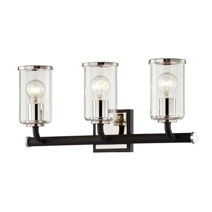 Aeon 3 Light Vanity Light by Troy in carbide blk, pol nickel. Made from hand worked iron in a modern style.