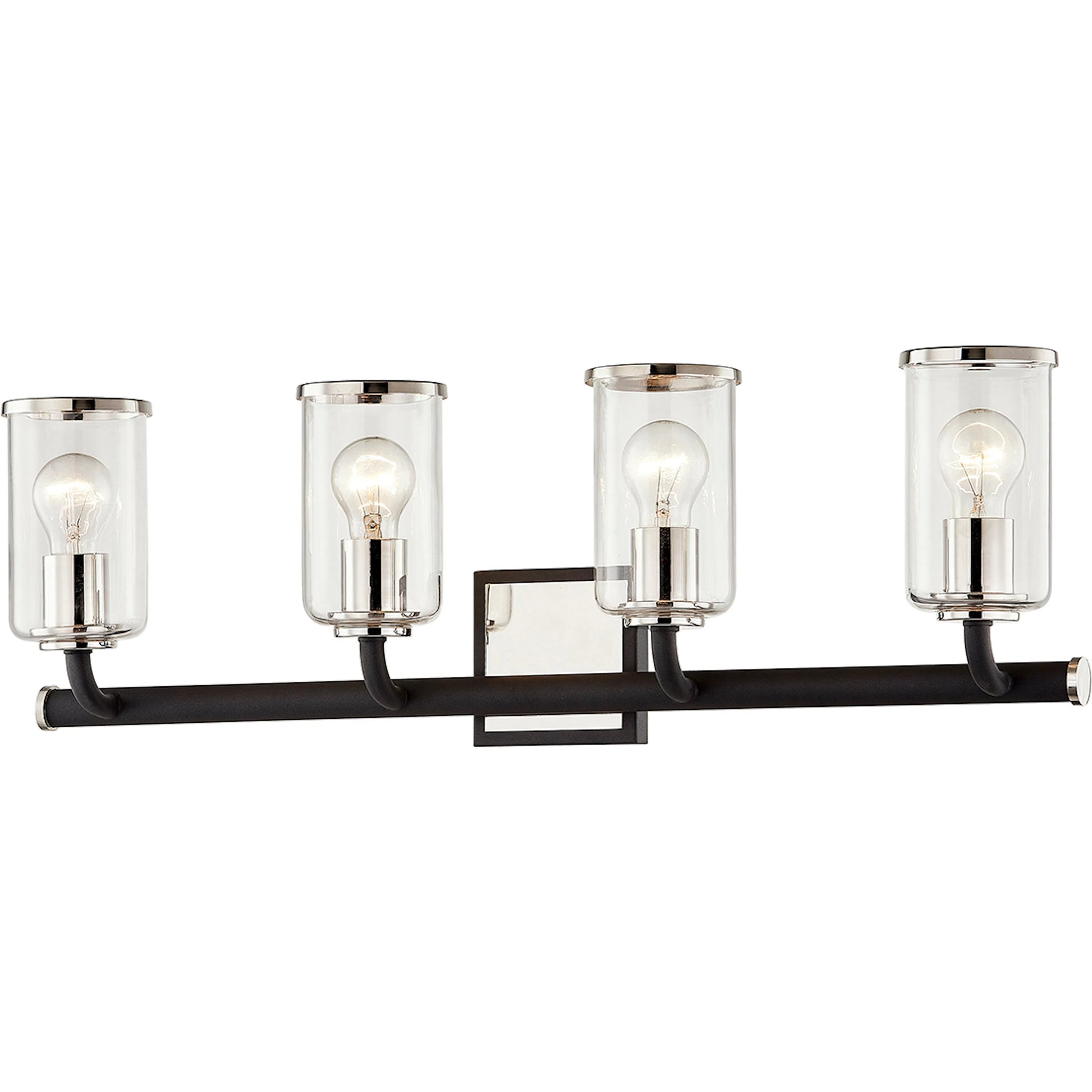 Aeon 4 Light Vanity Light by Troy in carbide blk, pol nickel. Made from hand worked iron in a modern style.