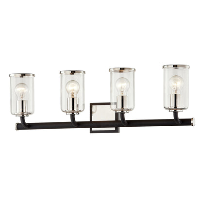 Aeon 4 Light Vanity Light by Troy in carbide blk, pol nickel. Made from hand worked iron in a modern style.