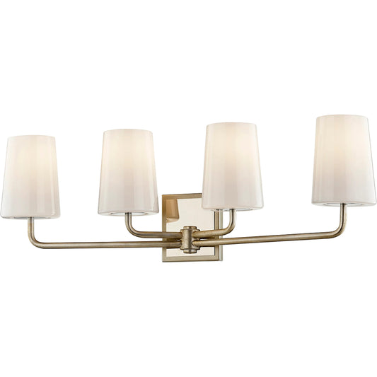 Simone Vanity Light by Troy in silver leaf polished nickel. Made from hand worked iron in a modern style.