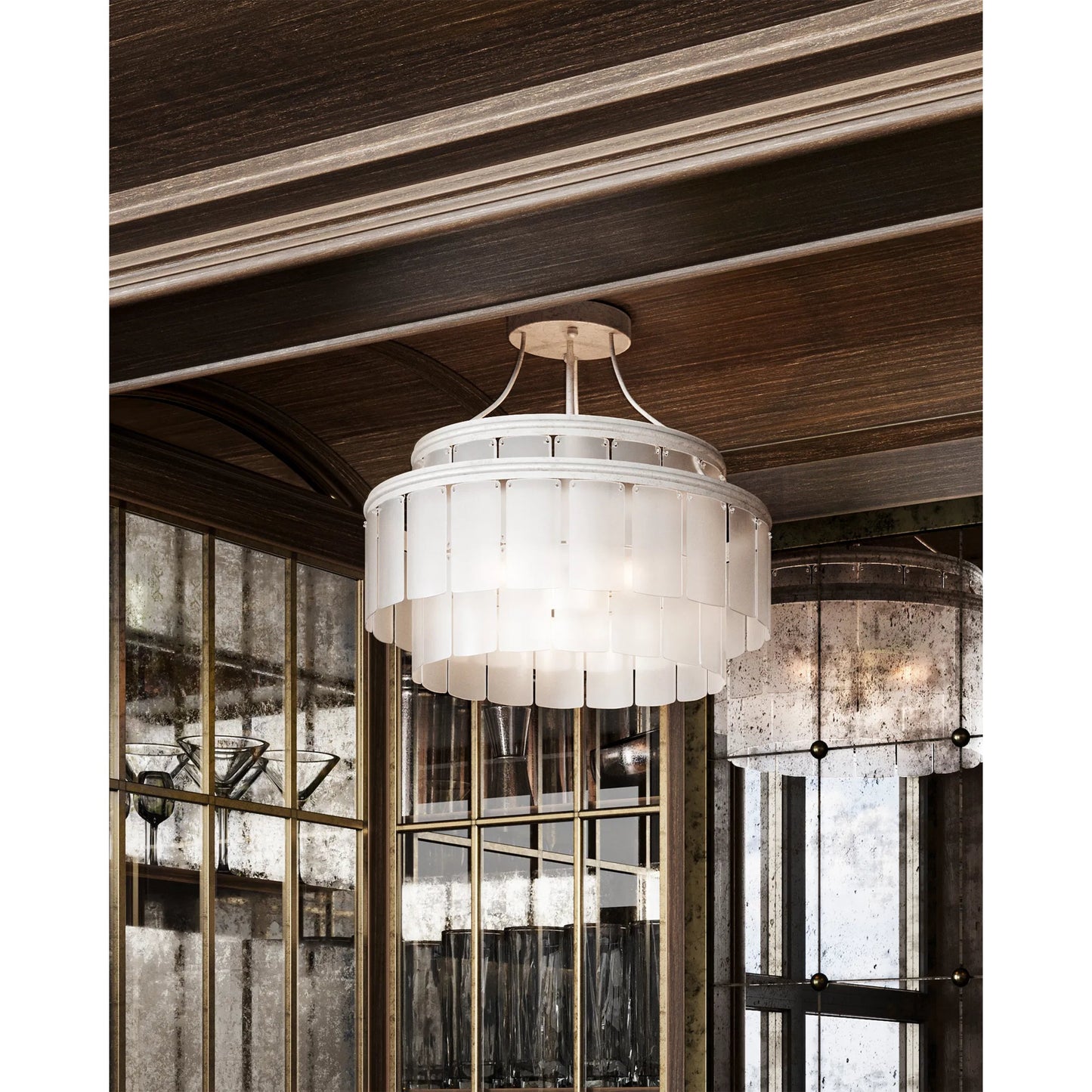 020 S-224023 | Lifestyle | Vintner Blanc Semi-Flush Mount by Currey and Company in contemporary silver leaf, opaque white. Made from wrought iron, recycled bottle glass in a traditional style.