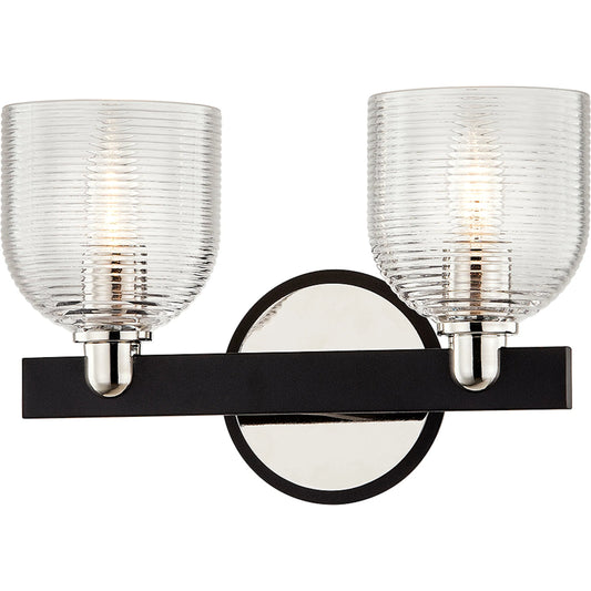 Munich 2-Light Vanity by Troy in textured black, polish nickel. Made from hand worked iron in a unique style.