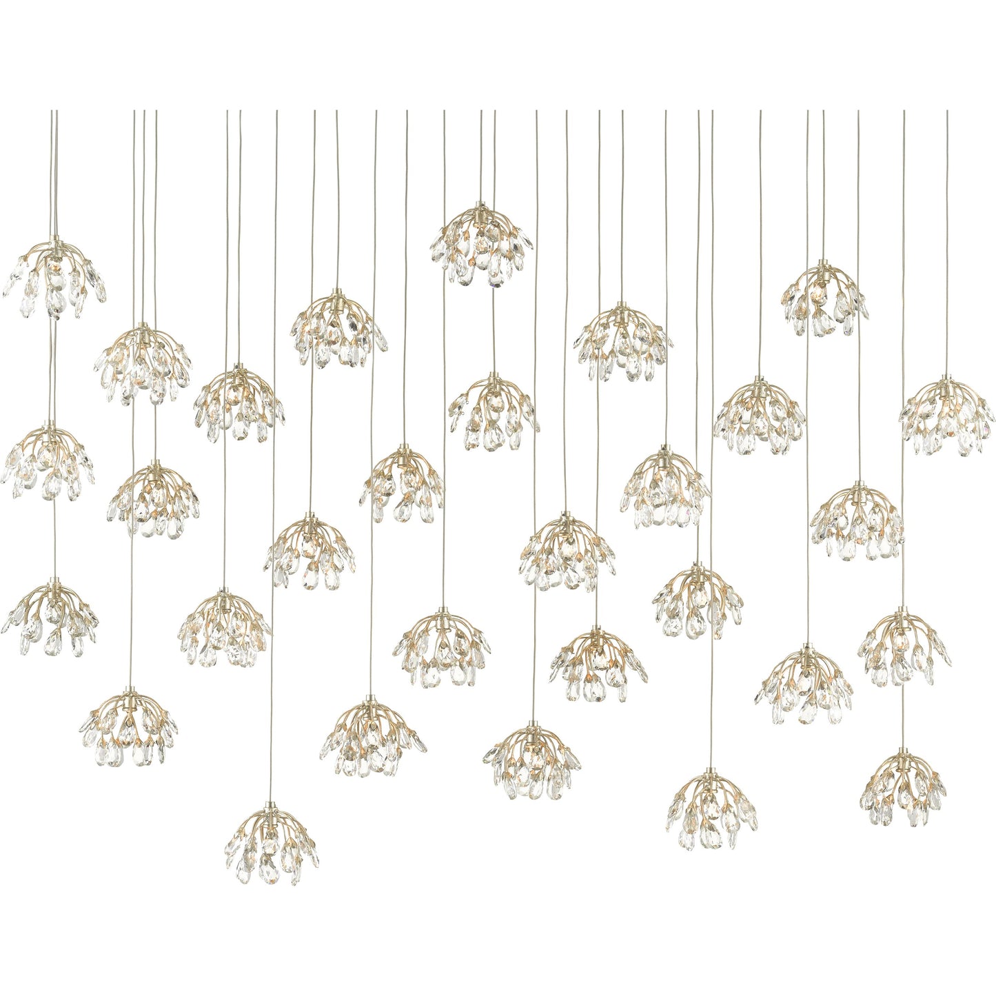 002 SR-890082 | Primary Silo | Crystal Bud Linear Pendant by Currey and Company in painted silver, contemporary silver leaf. Made from crystal, wrought iron in a transitional style.