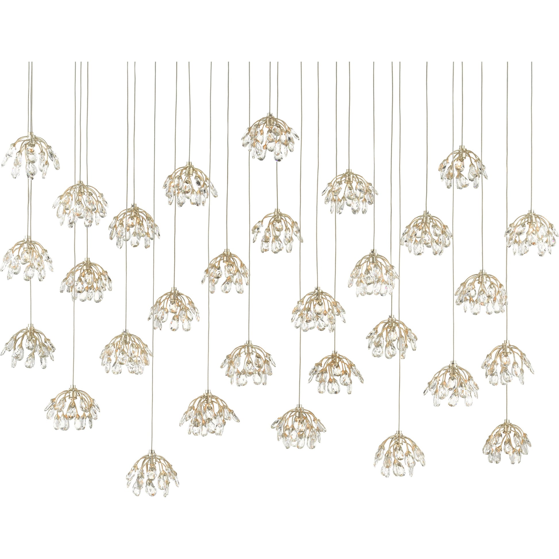 Crystal Bud Linear Pendant by Currey and Company in painted silver, contemporary silver leaf. Made from crystal, wrought iron in a transitional style.