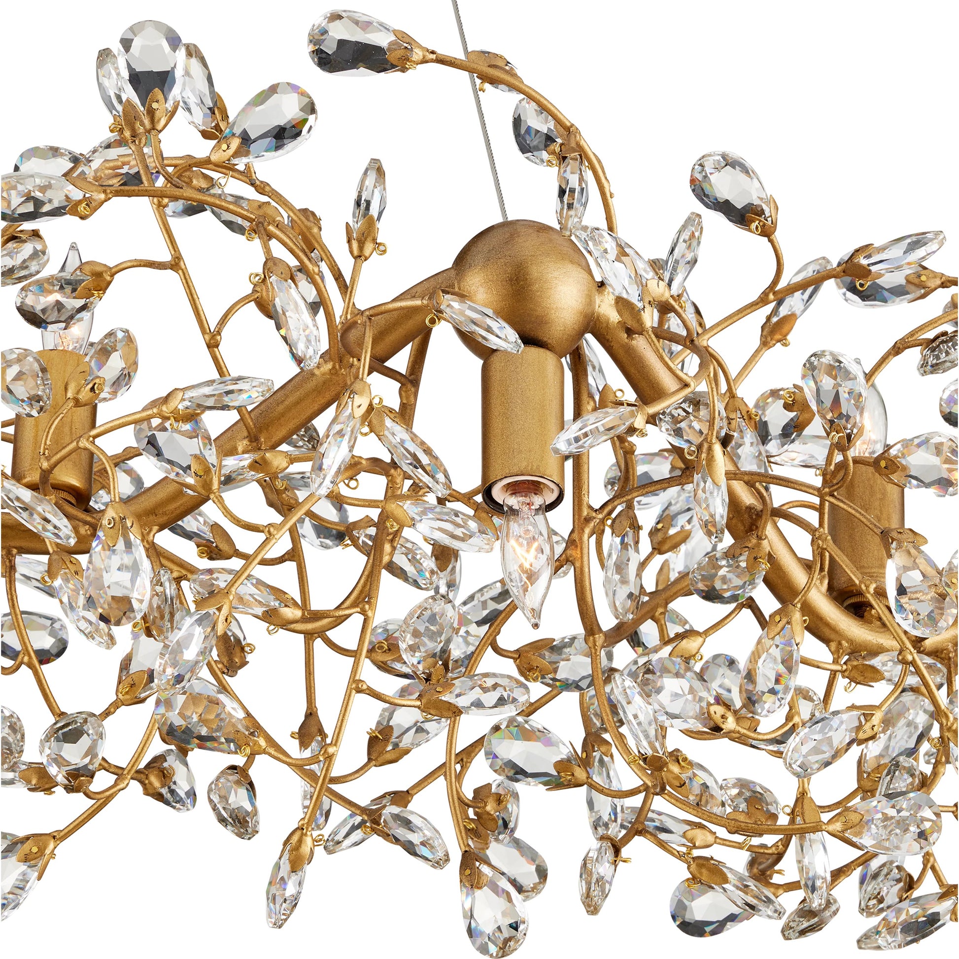 Crystal Bud Ring Chandelier by Currey and Company in clear, brass. Made from crystal, wrought iron in a modern style.