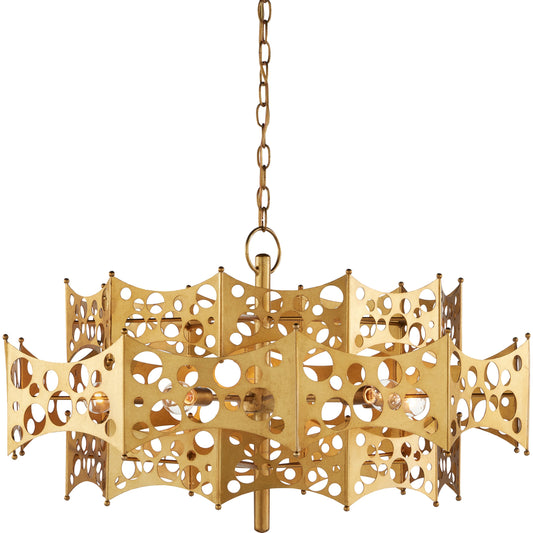 Emmental Chandelier by Currey and Company in contemporary gold leaf. Made from wrought iron in a modern style.