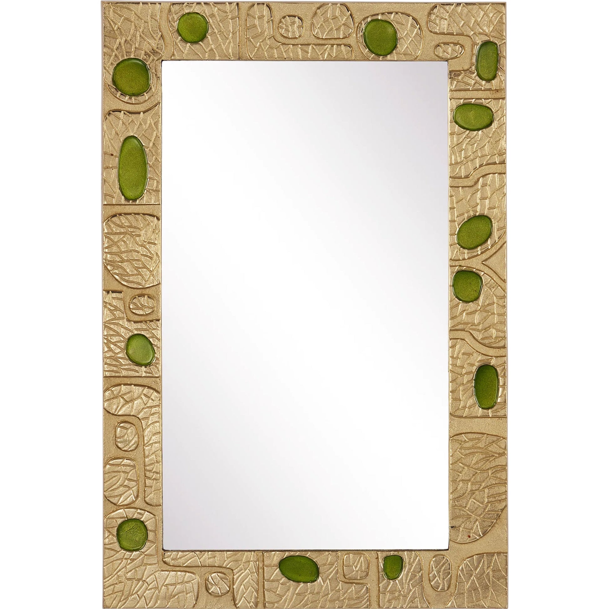 Beau Monde Mirror by Currey and Company in gold, green. Made from cast aluminum, enamel, glass in a modern style.