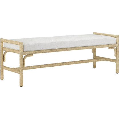 Olisa Bench by Currey and Company in pearl. Made from abaca rope, wrought iron, fabric in a coastal style.