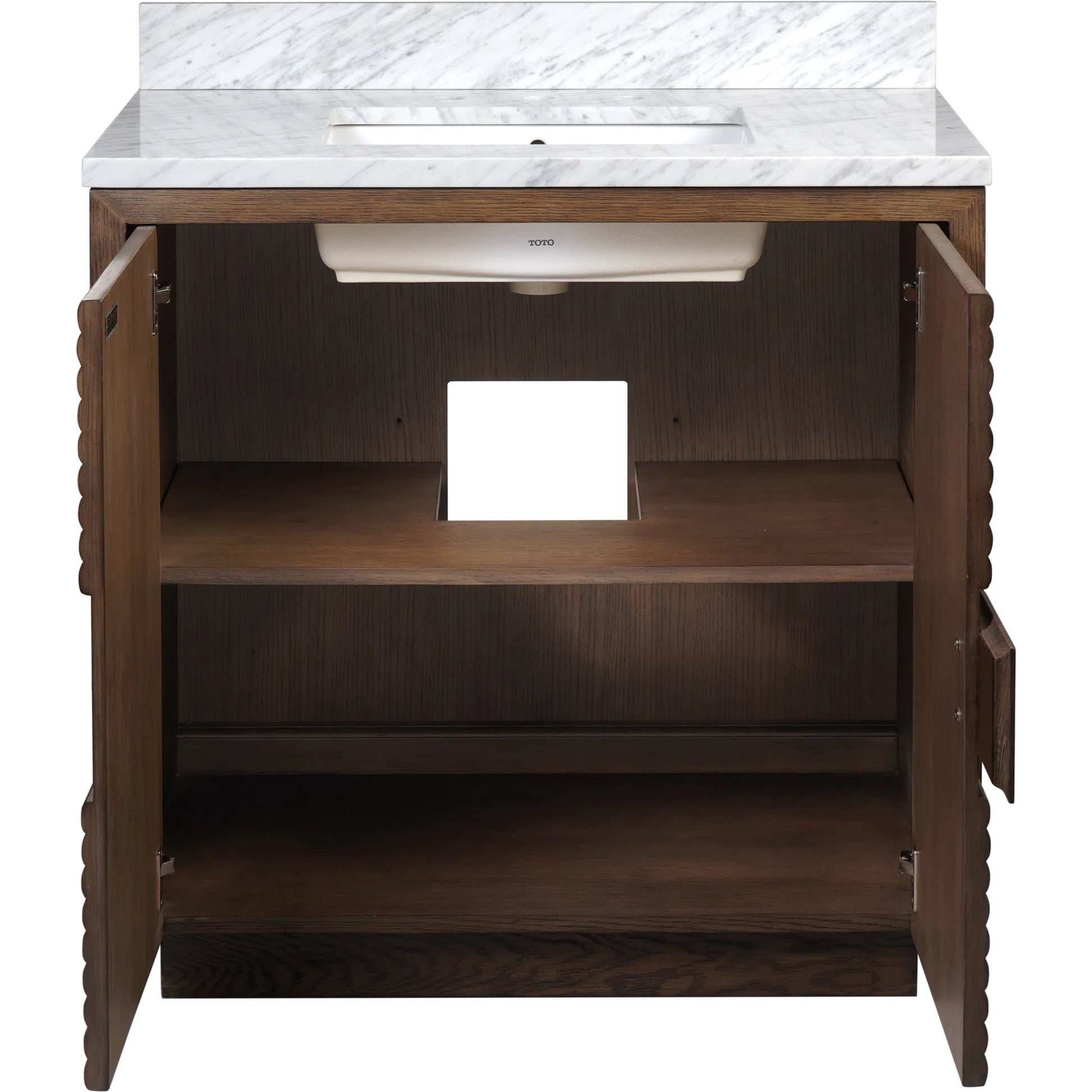 Morombe 36" Marble Vanity with Undermount Sink by Currey and Company in cocoa, white. Made from oak solids, veneers, carrara marble, vitreous china in a unique style.