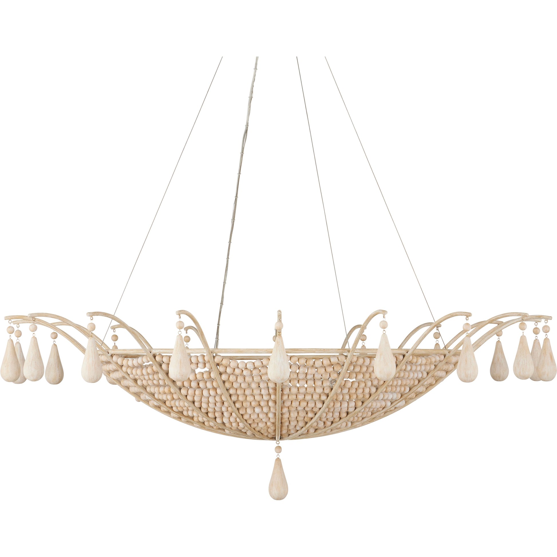 Korg Chandelier by Currey and Company in sandstone. Made from wood beads, wrought iron in a cottage & farmhouse style.