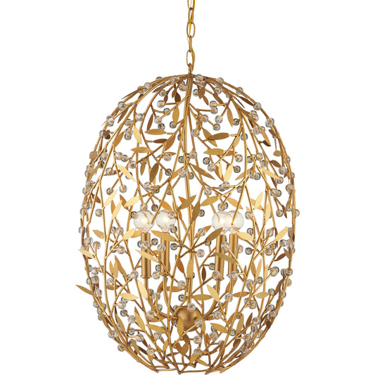 Secret Garden Chandelier by Currey and Company in clear, contemporary gold leaf, contemporary gold. Made from crystal, wrought iron in a unique style.